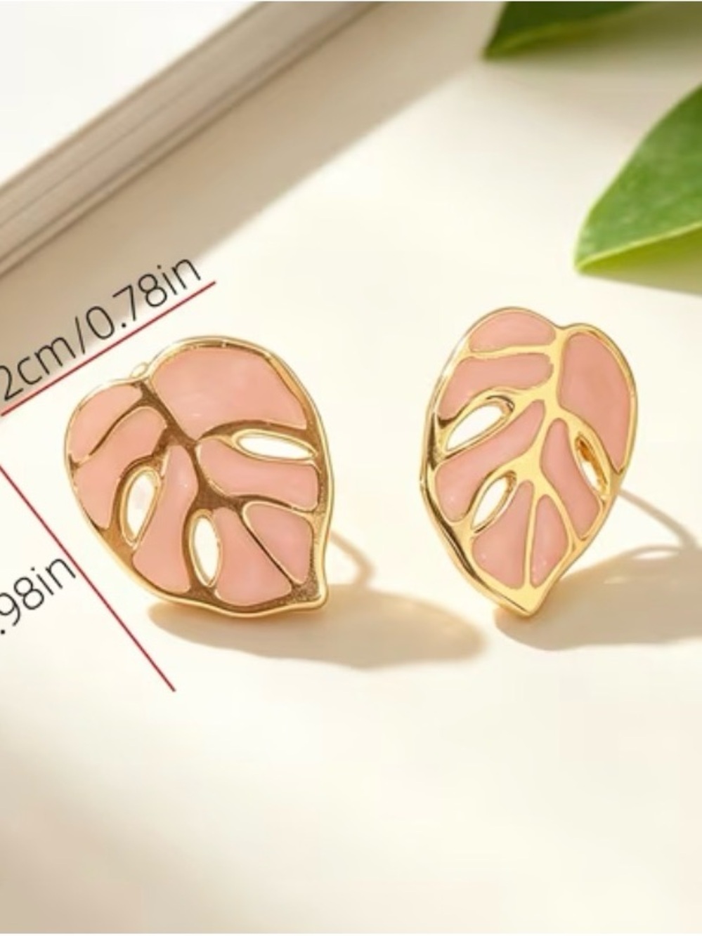 Gold-Trim Pink Leaf Enamel Stud Earrings - Women Jewelry